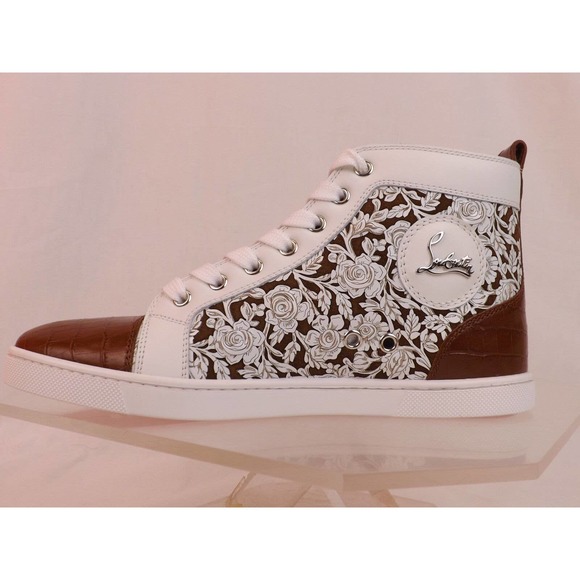 LOUBOUTIN BIP BIP LASER CUT FLORALS TAN CROC PRINT LEATHER HI TOP SNEAKERS 38 - Picture 2 of 12